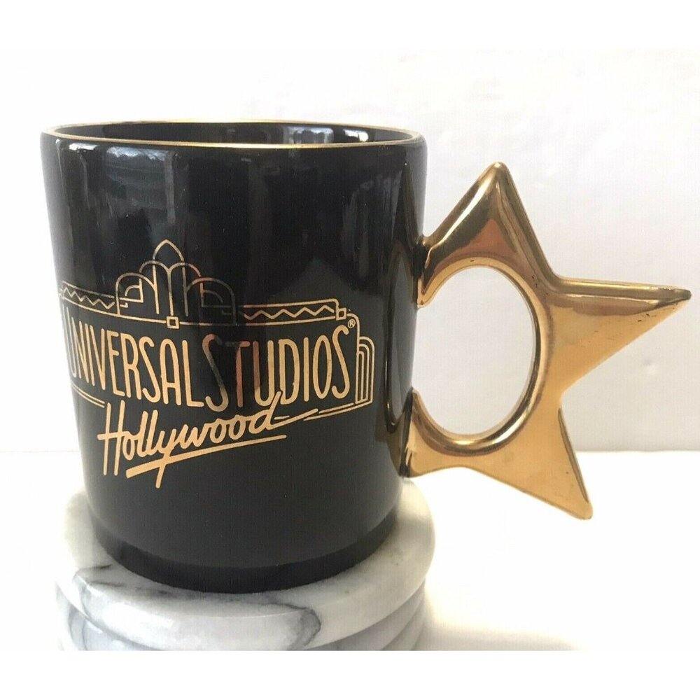 Universal Studios Hollywood Star Handle Coffee Mug Cup Black Gold Logo Trim Tea